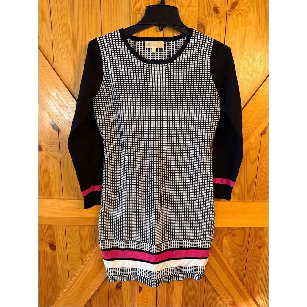 Kataya Black White Pink Long Sleeve Sheath Sweater Dress Size Large (6471)
